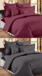 N G Products Combo Pack of 2 Cotton Satin Stripes Plain Bedsheets for Double Bed with 4 Pillow Covers for Home, Hotels Rooms, Guest House (Color- Wine & Grey)