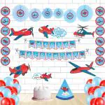 Untumble Airplane Theme Birthday Party Decoration Supplies Kit with Plane Posters Cake Topper hat Banner danglers and Balloons for Kids Birthday Parties (Pack of 56)