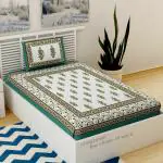 UniqChoice Tourquoise Color 100% Cotton Jaipur Single Bedsheet with 1 Pillow Cover(1+1_Single_Mugal_C-Green)