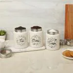 Dudki Iconic Colourful Tea Sugar Coffee Container Set Of 3 |Kitchen Counter Top Airtight Stainless Steel Storage Canister With Lids For Coffee (BEIGE), 950 milliliter