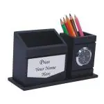 SHIVOM CRAFTS Black Wooden Desk Organizer with Clock, Pen Stand, Mobile Phone Holder for Home and Office - Customized, Personalized Gift, Get Name Printed