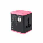 MX 4 in 1 Universal Travel Adapter with 2 USB Ports, Built-in Fuse & Surge Protector, International Conversion Plug Used Worldwide with Multi Type Power Outlet USB 2.1A, 100-250V, Pink (*MX-4024A-1)
