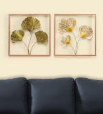 vedas Multicolour Metal Square Wall Frame Wall Haning Mounted Sculpture Home Decor (Size 18 x 18 inches) (Nanda Ginko Set of 2)