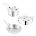 Kraft Futuretec Triply Stainless Steel 3 Pcs Set Combo - Extra Deep Kadhai 3.3 Litres (24 cm Diameter), Frypan 20 cm Diameter and 16 cm Saucepan - Silver (Induction and Gas stove Friendly)