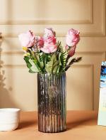 BS AMOR Handmade Glass and Polyester Artificial Pink Rose Flower Bunch with Black Tint - (9 x 3 inch)