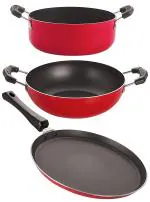 Nirlon Aluminium Red, Black Standard Non-Stick Healthy Kitchenware Combo Set - 2.6Mm_Ft10_Kd13_Cass22 (Pack Of 3)