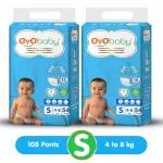 OYO BABY Premium Soft Baby Diapers Pants, Upto 12 Hrs Absorption Soft Diaper Pants with Aloevera (Pack of 2, 108 pcs Small size)