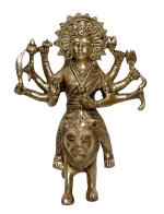 Kalarambh Brass Metal Ambe/Durga Maa Sitting on Lion Murti Statue for Pooja Puja Mandir Table Decor Gift Items Collectible Handicraft Art, Yellow, 5.5 x 6 x 7 Inch (L x W x H)