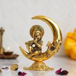 Webelkart Premium Handicrafted Gold Plated Metal Lord Krishna Sitting On Moon Playing Bansuri Idol for Home and Puja| Lord Krishna/Kanha Ji Idol | Diwali Puja Items (6 Inches, Gold)