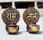 Subh Labh Diya Terracotta Painted Table Diya, Hand Made Terracotta Diya for Diwali Decoration, Gol Size Diya