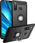 Unistuff Back Case Cover for Realme 5 Pro with Magnetic Kickstand | Premium Matte Finish | Camera Bump Protection | Rubberized Ring Cover - Night Black, 76391