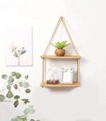 Vah Brown Wooden 2 Layer Floating Wall Shelf With Rope And Hook Bath Kitchen