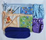 Maalove Combo of Baby Bath Towel with Waterproof Mattress Protector Sheet Blue Green 2 units and Cloth Diapers Purple Blue with Blue Pads Pack of 2