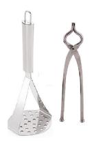 URBAN BUY Stainless Steel Potato Masher With Stainless Steel Sandsi Tongs and Multicolour, Pack of 2