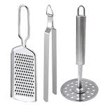 DreamBasket Stainless Steel Cheese Grater & Roti Chimta & Potato Masher for Kitchen