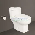 Vardhman Ceramics One Piece Western Commode for Toilet Bathroom Water Closet Ewc Floor Mounted Mount Wc with Soft Close Slow Motion Seat Cover and Flush Tank Fittings Installed S Trap Outlet 225mm / 9 Inch Glossy Finish Eroca-White