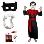 Kaku Fancy Dresses Polyester Scary Dracula Costume With Vampire Teeth, Face Mask & Fake Blood For Kids Halloween Costume Party,Black