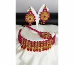 Gyaan Jewels Handmade Gold Plated Alloy Necklace, Earring and Maang Tikka Set Ruby Red (Women, Girls) Free Size