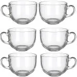 Cracker Transperent Crystal Clear Glass Multi Purpose Round Mug Bowl Set With Handles For Hot Jumbo Green Tea And Soup 180ml (Pack Of 6)