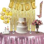 Festiko Bachelorette Party Bride Foil Balloons, The Bride Sash, 3Ftx6Ft Gold Fringe Curtain, Confetti, Gold Latex Balloons Combo Gold