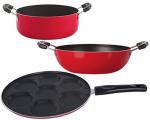 Nirlon Aluminium Red, Black Standard Non-Stick Kadai Uttapam Tawa And Casserole Combo Set - 2.6Mm_Kd12_Up_Cass20 (Pack Of 3)