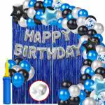 ELDERWAND happy birthday balloons Decorations Set - 60Pcs Bday, Star Foil Balloon, Blue Black Metallic balloons, Foil Curtain, Pump - Theme Decoration For Husband, Wife Brithday Celebrate Ka Saman