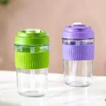 Nestasia Glass Tumblers Set of 2 | Leakproof Lid, Detachable Straw, Anti-Slip Band | Perfect for Gym, Office and Travel | Green & Purple, 500ml Each
