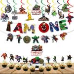 Festiko 36 Pcs I Am One Birthday Banner, Swirls With Cutouts, Cake Cupcake Toppers, I Am One Combo, Superhero Combo Supplies, Superhero Theme Party Decorations
