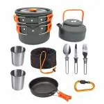 Metreno 10pcs Camping Cooking Set cookware Mess kit Outdoor Utensils, Portable Trekking Cooking Accessories for Camping Carabiner, Spoon, Bowl, Glass, Non-Stick pan