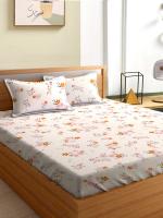 AEROHAVEN 210TC Glace Cotton Floral Flat Double Bedsheet with 2 King Size Pillow Covers - Cream