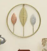 Vedas Lucky Leaf Leaf Wall Hanging Decor with Round Frame, Gold Metal Wall Art for Living Room, Office, Home, Hotel (18 inch * 18 inch)
