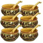 Craftghar Ceramic Soup Bowls Set with spoons ( 6 Bowls , 6 Spoons ) | 100% Food & Microwave Safe |Handmade Blue Pottery | Brown