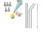 BLUE WONDER Cake Decorating 6 Pcs Nozzle with Stainless Steel Straw and (Multicolour, Pack of 2)