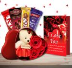Midiron Lovely Anniversary Combo Gift For Wife/Women/ Girlfriend|Romantic Gift For Valentines Day with Chocolate Bars, Red Heart Shape Tin Box with Small Teddy & Love Greeting Card