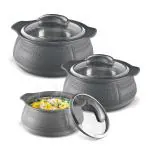 MILTON Weave Jr. Insulated Inner Stainless Steel Casserole with Glass Lid,Set of 3, (420 ml, 780 ml, 1.32 litres),Grey | BPA Free |Food Grade | Easy to Carry | Ideal for Chapatti | Roti | Curd Maker