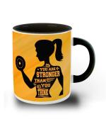 Whats Your Kick You Are Stronger Than You Think Quotes With Gym Girls Printed Black Ceramic Coffee Mug 325 ML