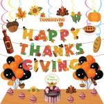 Festiko Happy Thanks Giving Decoration (38 Pcs), Thanksgiving Day Theme For Happy Thanksgiving Party Decoration Supplies Combo (Banner, Swirls, Cake Topper, Cup Cake Topper, Balloons)