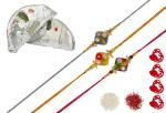 Feastive Celebrations Kaju Gujhia With 3 Stylish Rakhis, Kesar, Pair Of Soan, Pooja Rakhi, Chawal