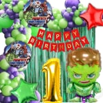 House of Banter Superhero Hulk Theme Birthday Decoration Pack for Boys / Girls / Kids Party 69Pc -60 Multicolor Balloons, 2 Green Curtain( Green Superhero Birthday Theme Decoration Set ) 1st Birthday Celebration