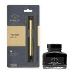 Parker Vector Gold GT Fountain Pen + Quink Ink Bottle - Black (30ML)