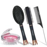 Majestique 4 Pcs Hair Brush Set - Roller Brush, Paddle, Scalp Shampoo Massager with Tail Comb for Blow Drying - Exclusive Crown Handle, Add Volume Short Hair Style, Works Great with Wax