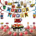 Festiko 36 Pcs Superhero Theme I Am Two Birthday Combo, Superhero Combo (Banner,Swirls,Cake Topper,Cup Cake Toppers)