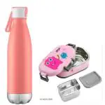 Linasha Pink Colour Double Wall Insulated Water Bottle (500 ml) Pink Lunch Box Tiffin Box for Kids, Lunch Box 850 ml for Girls, Boys School, Bento Lunch Box with compartments on the go Meal for School/Office/Travel/Gym.