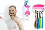 Eclectic Home Toothbrush Holder with Cover Automatic Toothpaste Dispenser Set Dustproof Plastic Toothbrush Holder (White, Pink, Wall Mount)