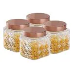 Nestasia Airtight Glass Storage Jars for Kitchen | Square Shaped & Basket Weave Design Transparent Jars with Rose Gold Lids | Perfect for Snacks, Masala, Pickles, Pulses (Set of 4, 1200ml Each)
