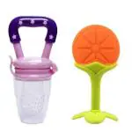 Manan Shopee Kids Orange, Pink Silicone Teether With Baby Fruit Nibbler Pacifier (Pack Of 2)