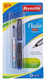 REYNOLDS FLUDO Plus Fountain Pen+2 Jumbo Blue Ink CARTRIDGES Pack of 8
