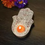 pujaNpujari Wooden Block Hamsa Hand Design Candle for Diwali/Tealight Holder Stand Handmade (Pack of 1)