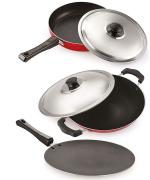 Nirlon 3 pcs of Red, Black Non-stick Pot and Pans Cookware Combo Set
