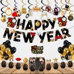 Festiko 61 Pcs Happy New Years Decorations Combo (Banner, Swirls, Cake Topper, Cup Cake Toppers, Balloons), New Years Eve Party Supplies 2023